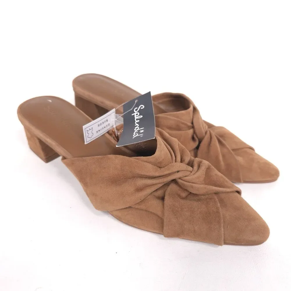Splendid New Lanis GENUINE SUEDE LEATHER Mules 8.5 M Caramel Knot Heeled Pointed
